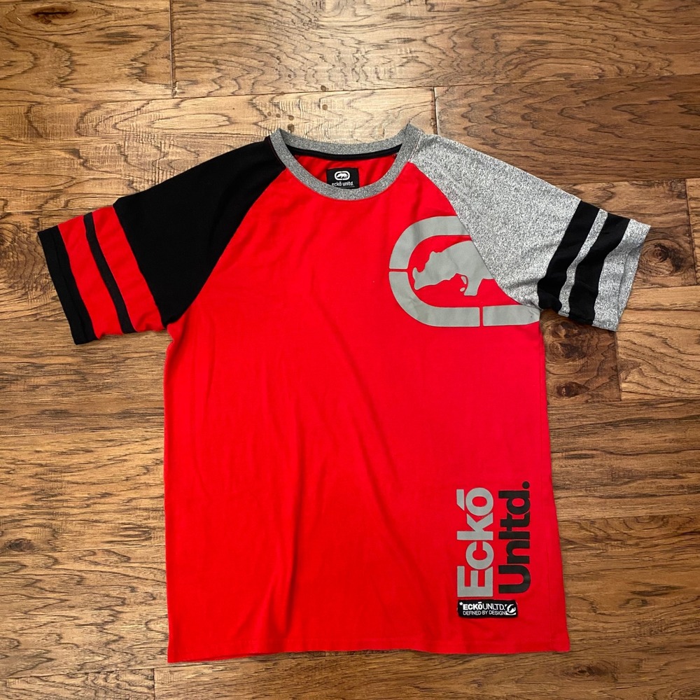 Ecko Unltd T Shirt Mens Large Red Black Gray Raglan Rhino Logo Streetwear Tee